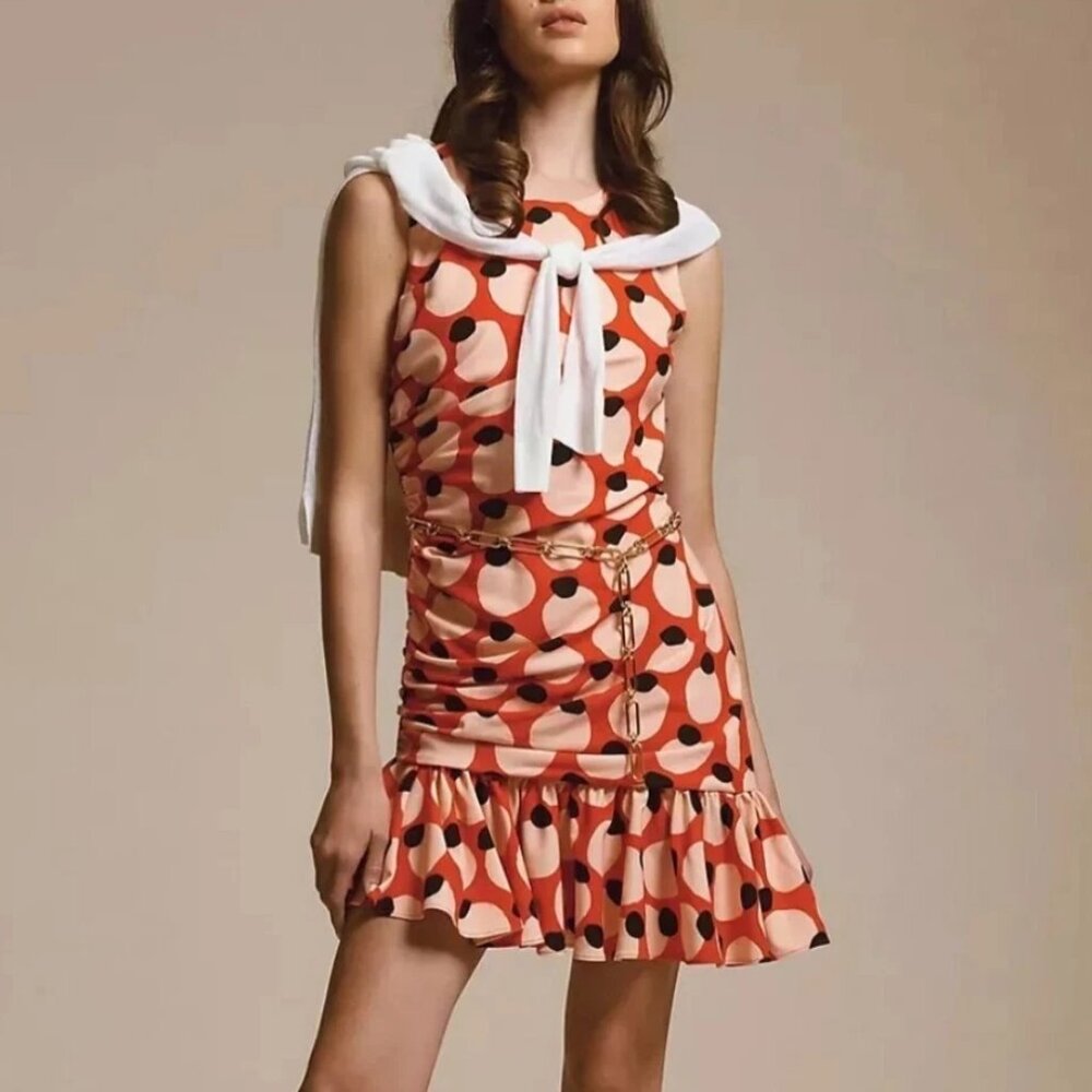 Anthropologie Hutch Sleeveless Shirred Asymmetrical Ruffle-Hem Dress Red XS